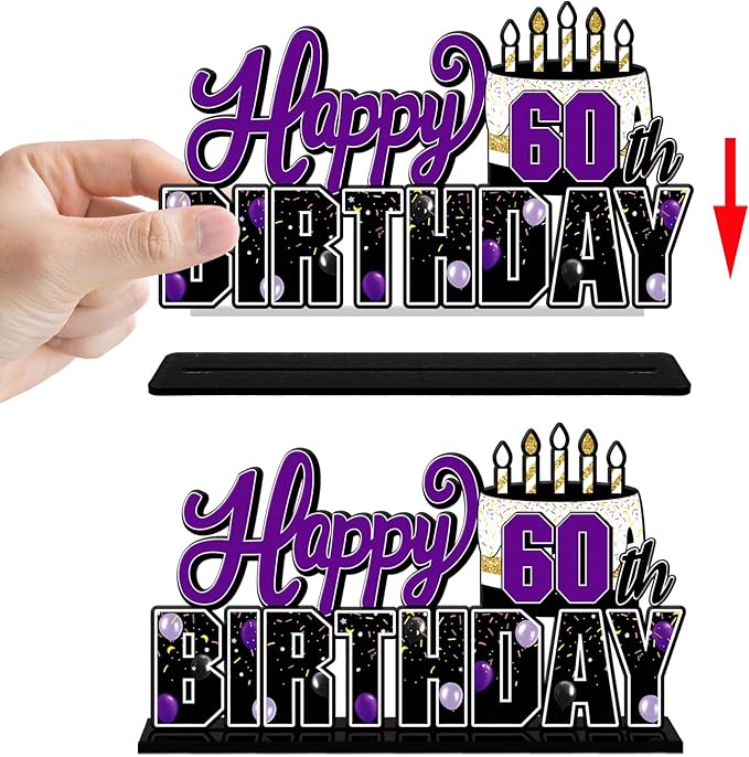LINGTEER Happy 60th Birthday Purple Acrylic Table Topper Centerpieces Set - Cheers to Sixty Years Old Birthday 60th Bday Party Gift Decorations.