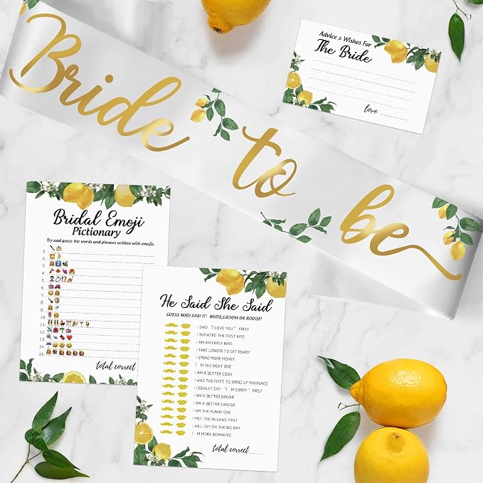 Lemon Bridal Shower Game with Bride to Be Sash-Set of 6 Activities Lemonade Bridal Shower Bachelorette Before Wedding for 50 Guests- 300 Cards 50 Per Game