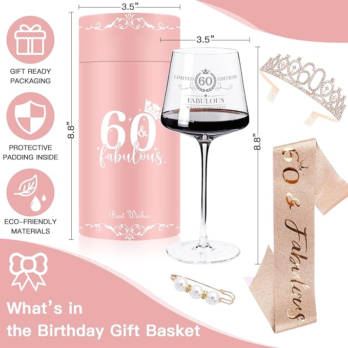 60TH Birthday Gifts for Women Her,60th Birthday Sash,Crown,Rhinestone Tiara,Vintage Engraved Wine Glass,60 Year Old Birthday Decorations For Her,Women,Mom,Wife,Friends,Sister-Turning 60 Present