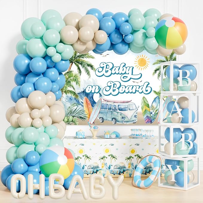 Party Inspo Baby on Board Baby Shower Decorations - 122Pcs Surf Theme Party Supplies for Boys with Backdrop, Tablecloth, Balloon Boxes and Ocean Blue Garland Kit