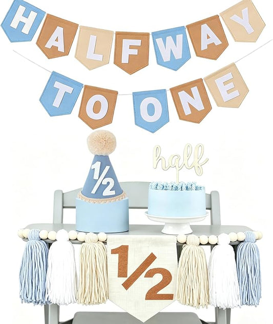 Half Birthday Decorations For Boys -Half Way To One Baby Boy Decorations With 6 Months Birthday Banner 1/2 Birthday Boy High Chair Banner 1/2 Birthday Cake Topper & Party Hat 6 Month Photo Props