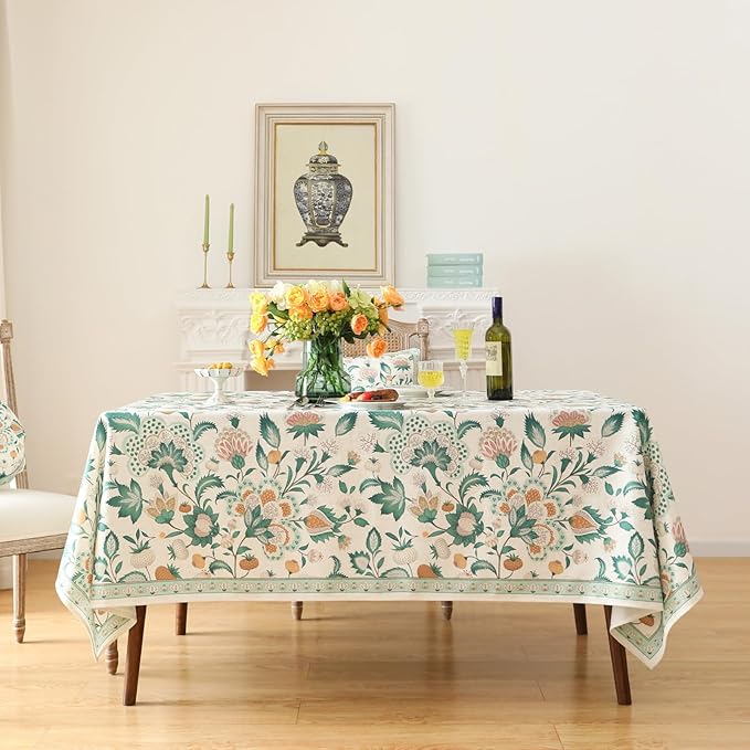 patdrea Vintage French Linen Tablecloth,Rectangular,118"x67"-Tree Life | Elegant Colorful Extra Wide Table Cloth for Rectangle Table,Green Floral Patterned,Dining Room Tea Party Thanksgiving