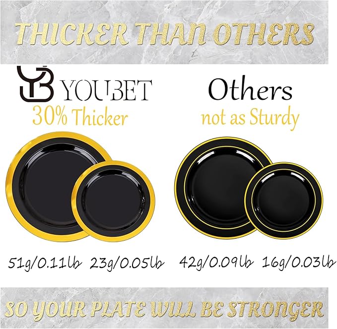YOUBET 350PCS Black and Gold Plastic Plates - Gold Disposable Dinnerware Sets for 50 Guests - 100 Plastic Plates, 150 Gold Silverware, 50 Cups, 50 Pre Rolled Napkins for Party & Wedding Graduation