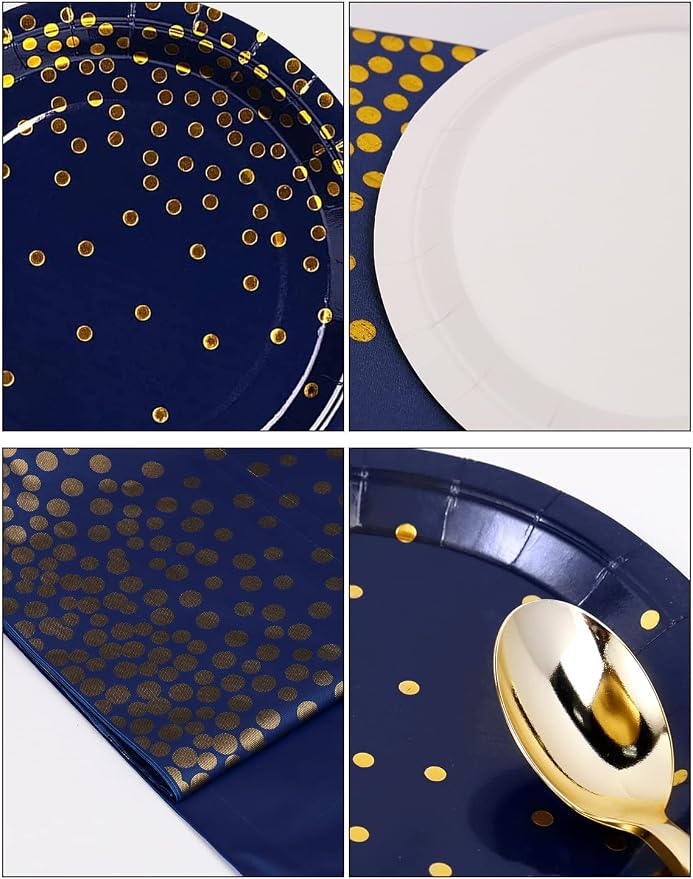 Nkaiso 141 Pieces Navy Blue Gold Party Supplies, Disposable Party Decorations Sets Include Paper Plates Napkins Cups, Plastic Forks Knives Spoons, for Baby Shower Birthday Wedding -20 Guests