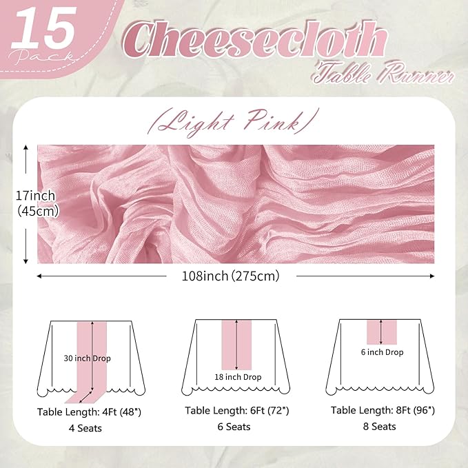 15 Pack Light Pink Cheesecloth Table Runner 17 x 108 inch Cheese Cloth Table Runners 9ft Pink Table Runner Rustic Romantic Sheer Gauze Runner for Wedding Party Baby Shower Table Decoration