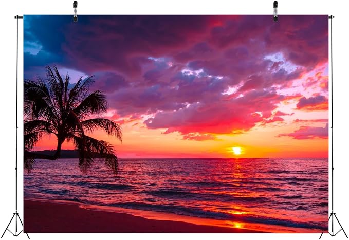 BELECO 12x10ft Fabric Sunset Beach Backdrop Tropical Seaside Coconut Palm Trees Background Backdrop Summer Beach Sunset Hawaii Luau Party Decorations Birthday Photoshoot Studio Photo Props