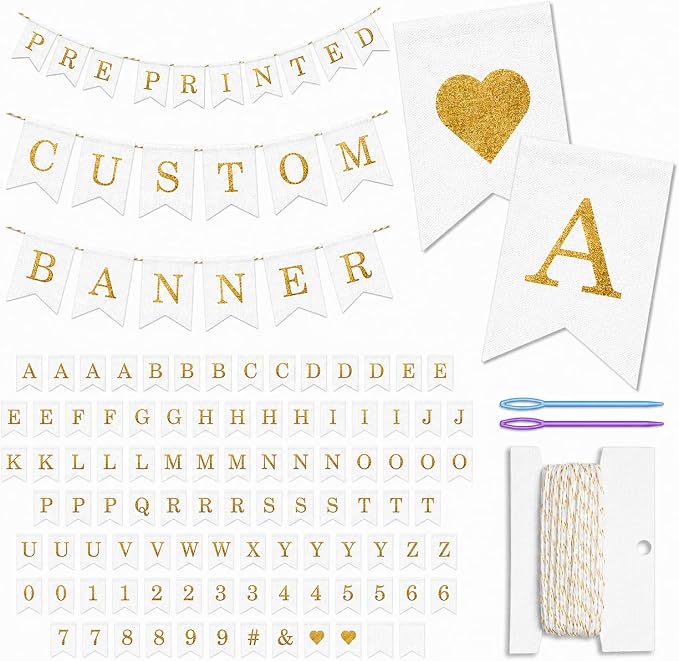 Pre-Printed Banner Kit – 97 White CANVAS Flags with GOLD Letters, Numbers & Symbols, Reusable DIY Custom Banner, Make Your Own Personalized Party Banner, Faux Burlap, Includes Twine & 2 Needles