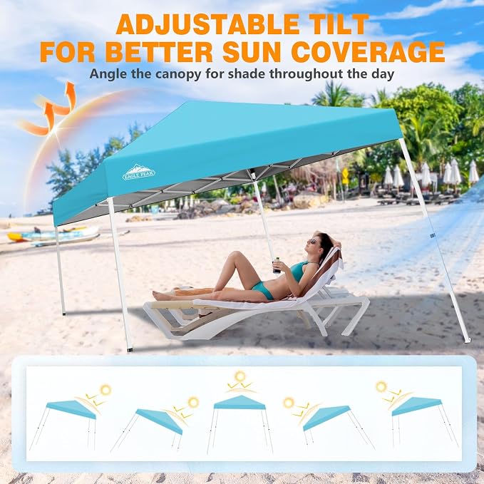 EAGLE PEAK 10x10 Slant Leg Pop-up Canopy Tent Easy One Person Setup Instant Outdoor Beach Canopy Folding Portable Sports Shelter 10x10 Base 8x8 Top (Light Blue)