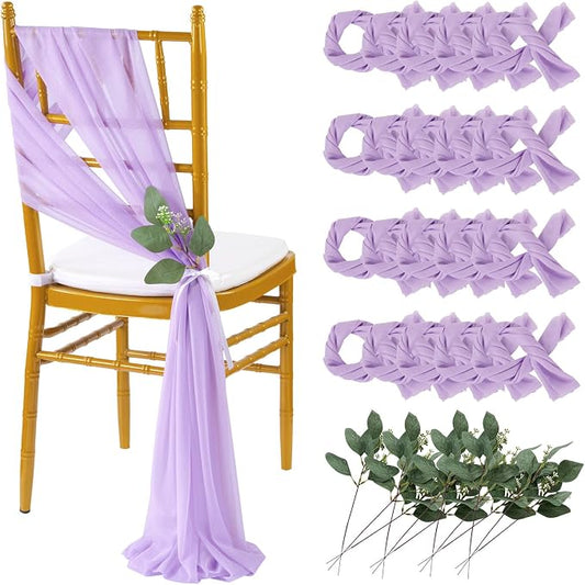 QueenDream Wedding Aisle Chair Sashes Decorations 36 Pieces Light Purple Soft Chair Sashes Tulle Chairs Covers with Artificial Eucalyptus