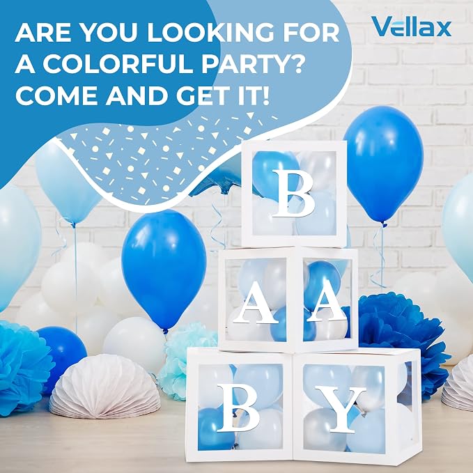 44-Piece Baby Shower Decorations for Boy or Girl - 4 Boxes with Letters and 32 Balloons - Classic White and Blue - Gender Reveal Party Supplies - Photo Shoot Backdrop Prop