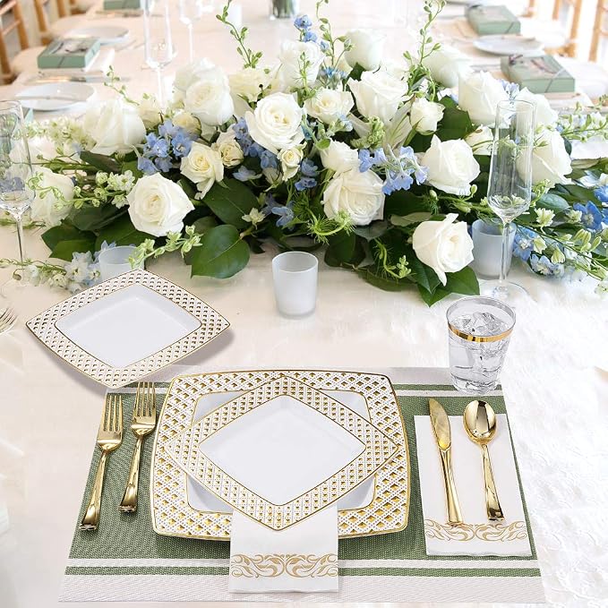 FOCUSLINE 175 Ct Gold Dinnerware Set for 25 Guests - Square Plastic Plates with Diamond Rim, Including 25 Disposable Dinner & Dessert Plates, Napkins, Cups, Cutlery