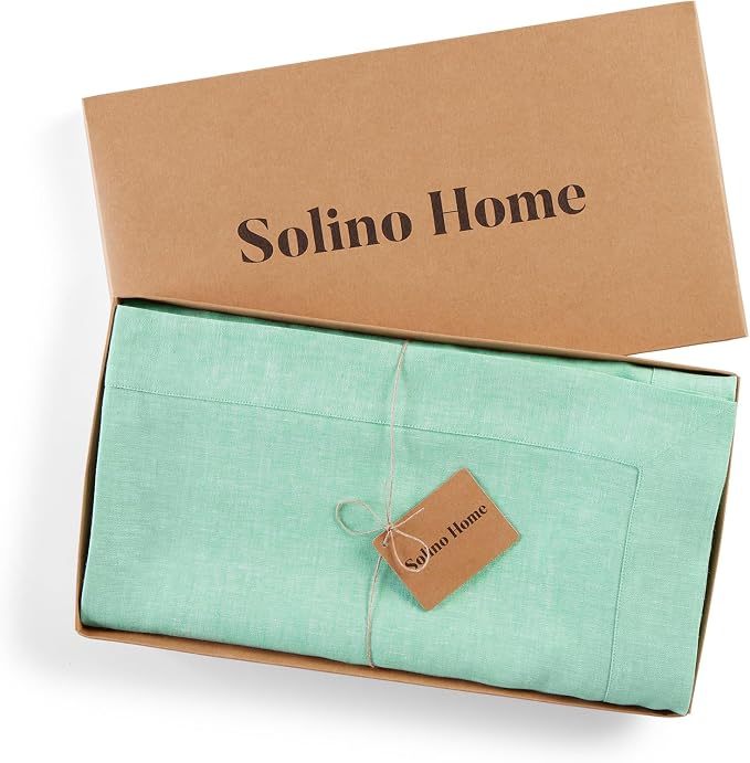 Solino Home Linen Tablecloth 60 x 120 Inch - 100% Pure Linen Chambray Aqua Table Cloth for Rectangle Tables - Athena, Machine Washable Tablecloth for Summer