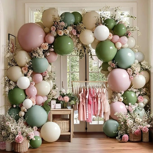 Sage Green Pink Balloon Garland Double Stuffed Dusty Pink Green White Sand Balloons Rose Cream Balloon Arch Kit for Birthday Baby Shower Gender Reveal Wedding Wild Flower Floral Party Decorations