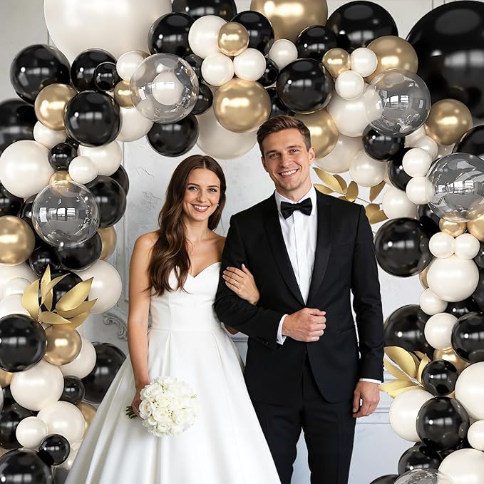 Amandir 173Pcs Black Pearl White Gold Balloons Arch Garland Kit, Pearl White Black Chrome Gold Clear Balloons for Graduation Retirement Wedding Coquette Birthday Bachelorette Party Decorations