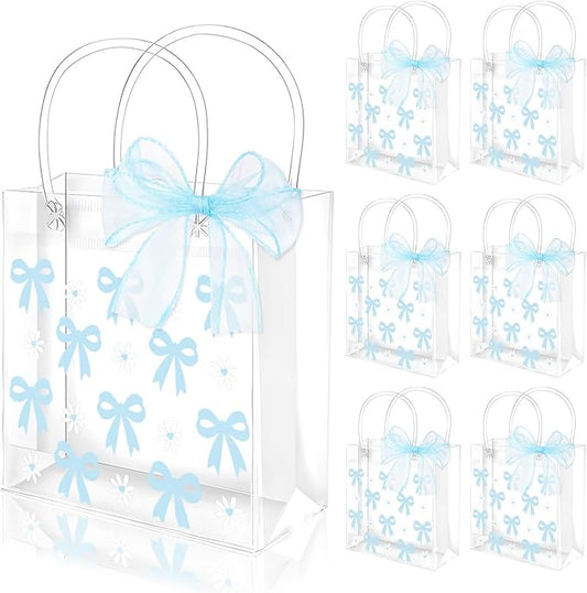 Whaline 12 Pcs Bow Coquette Clear PVC Gift Bags Blue Bowknot Daisy Flower Party Favor Bags with Handle Treat Tote Bags with Ribbon for Wedding Birthday Baby Shower