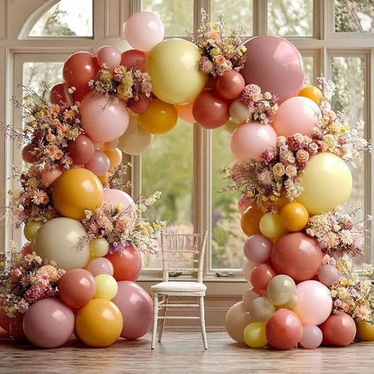 Dusty Pink Yellow Balloon Arch Kit Double Stuffed, Mauve Pink Mustard Light Yellow White Sand Balloon Garland for Baby Shower Birthday Bee Groovy Boho Rainbow Sunshine Party Decoration