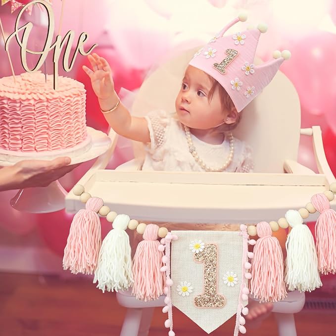 Daisy 1st Highchair Wood Bead Tassel Garland Crown Hat Wooden Cake Topper Birthday Decorations