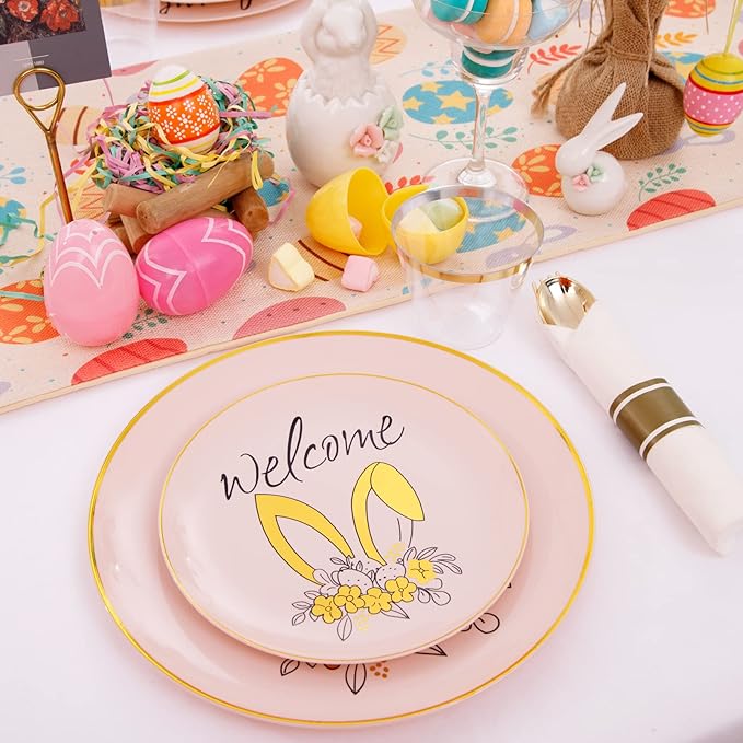 DaYammi 210Pcs Easter Plastic Plates,Pink Gold Party Plates with Bunny Egg Design Include 30 Dinner Plates,30 Dessert Plates,30 Pre Rolled Napkins with Gold Silverware,30 Plastic Cups for Easter Party