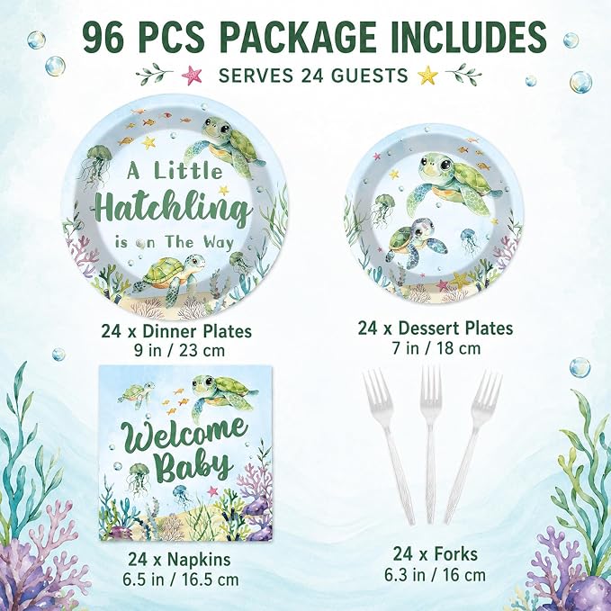 96 Pcs Sea Turtle Baby Shower Party Decorations A Little Hatchling is on The Way Paper Plates and Napkins Forks Under The Sea Ocean Party Supplies for Welcome Baby Shower Birthday Serves 24 Guests
