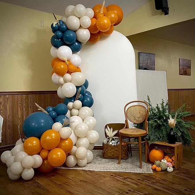 Double Stuffed Dusty Blue Orange Balloon Arch Kit, Boho Neutral Balloon Garland Burnt Orange Terracotta Dark Teal Turquoise White Sand Latex Balloons for Fall Themed Wedding Birthday Party Decorations