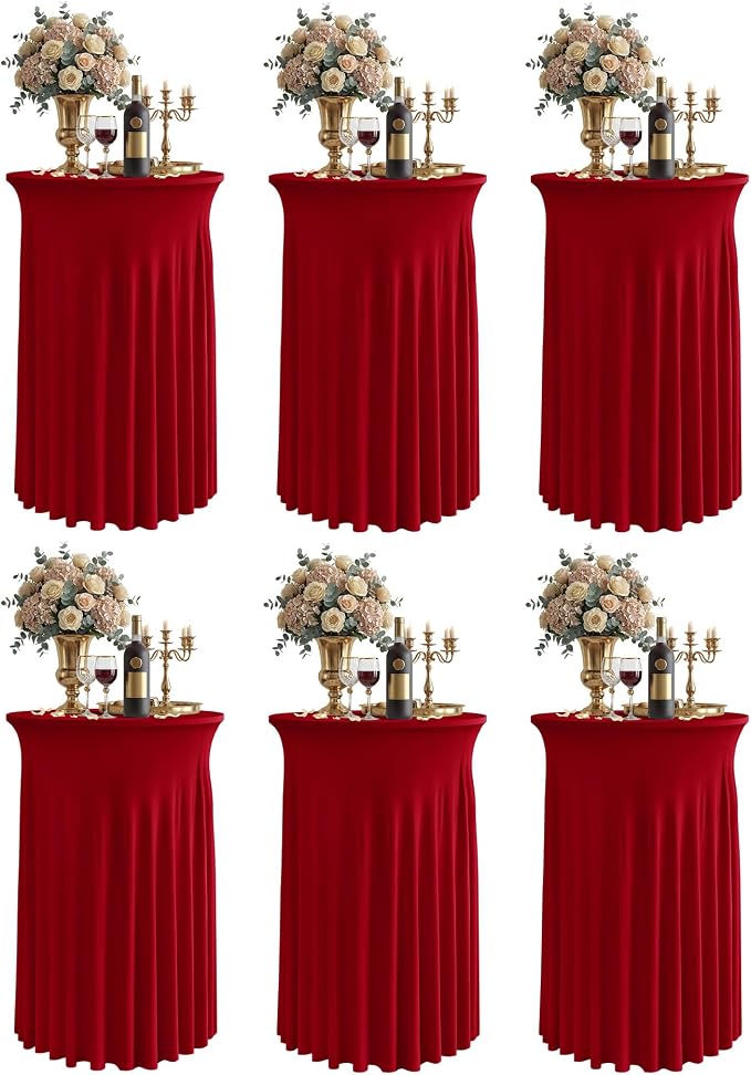 KeyWave Cocktail Table Tablecloth with Skirts - 24x43 Inch Wavy Spandex High Top Cocktail Table Covers, Ruffle Drape Highboy Tablecloth Reusable for Party Wedding Cake Standing Table, Red, 6 Pack