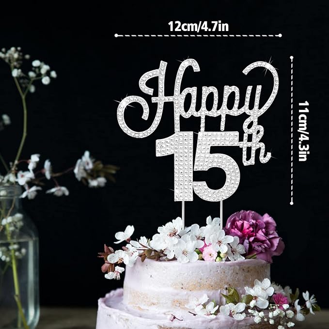 LINGTEER Happy 15th Birthday Silver Rhinestone Cake Topper - Cheers to 15th Birthday Fifteen Years Old Party Cake Centerpieces Topper Decorations Gift Sign.