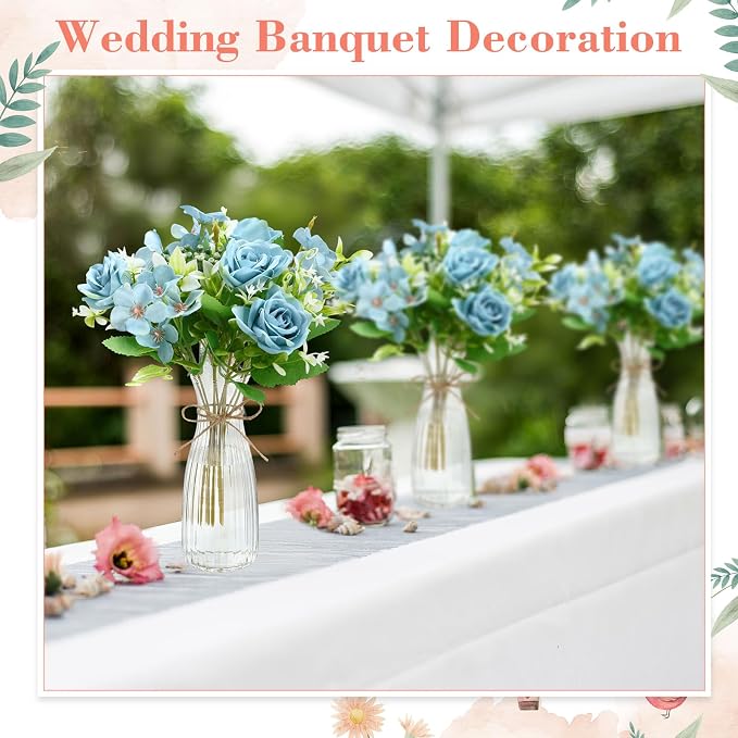 Thiccywoov 36 Pack Artificial Mini Rose Flowers with Vase Bulk, 24 Bundles Silk Rose Flower Artificial Bouquet 12 Plastic Vase with Rope Table Centerpiece Arrangement Wedding Party Deco (Blue)