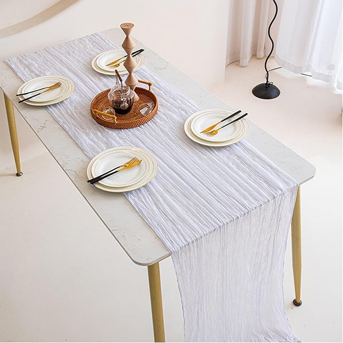 8 Pack 10Ft Cheesecloth Table Runner 35x120 inch White Boho Gauze Long Table Cloth Wrinkled Sheer for Wedding Bridal Shower Birthday Party Table Decor