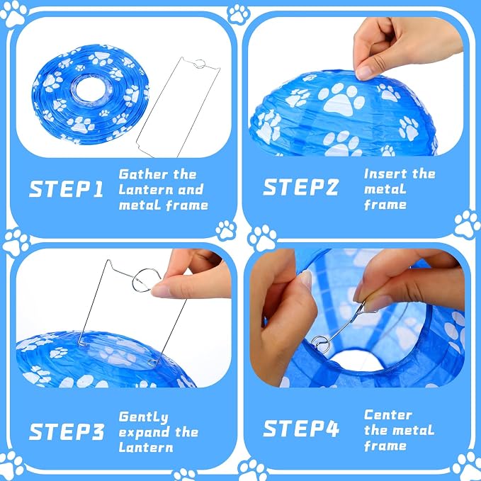 Panelee 12 Pcs Dog Paw Print Paper Lanterns Puppy Themed Party Decorations Blue and White Pet Paw Print Round Hanging Lanterns 8 Inch for Dog Birthday Party Decorations Supplies Indoor Outdoor