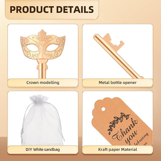 50 Pieces Mask Design Bottle Openers - Masquerade Party Favors and Decorations, Beautiful Centerpieces for Tables, Ideal Gifts for Guests with Thank You Tags and Gift Bags