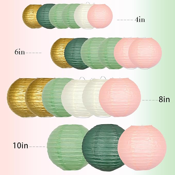 ADLKGG Paper Lanterns Decorative, Hanging Paper Lantern Decorations for Valentines Day Decorations Graduation Wedding St. Patrick's Day Neutral Baby Shower Home Decor Sage Green/Pink/Gold 21pcs