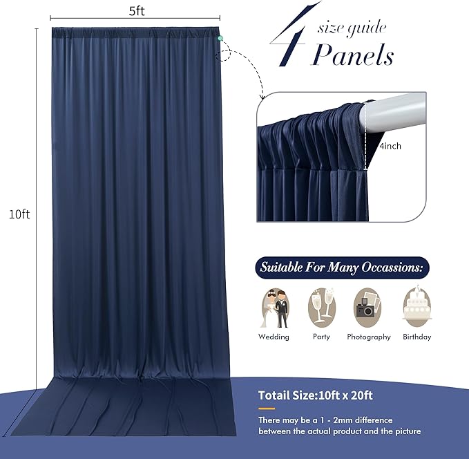 20 ft x 10 ft Wrinkle Free Navy Blue Backdrop Curtain for Parties,Polyester Photo Backdrop Drapes, Thick Background 4 Panels 5ft x 10ft for Baby Shower Wedding Birthday Party Backdrop Stand