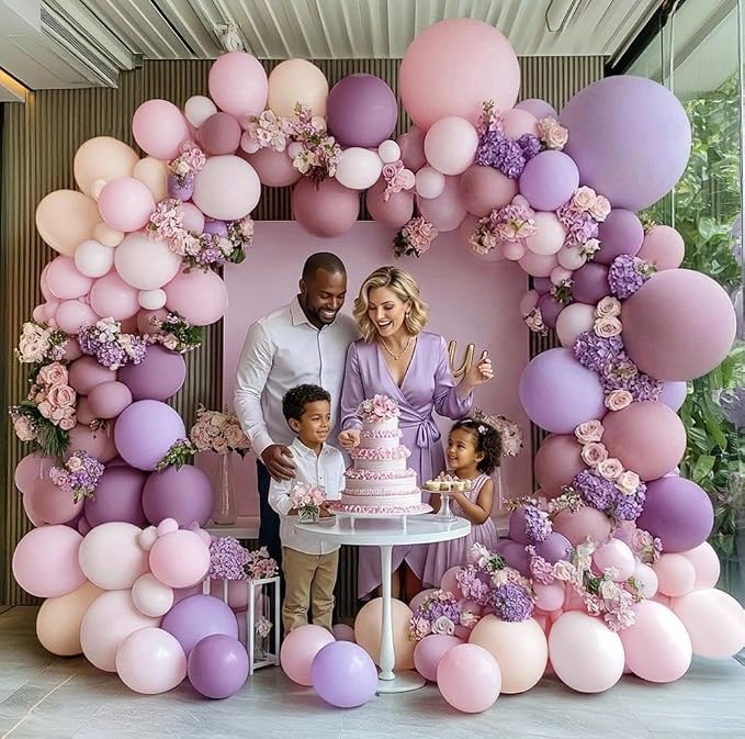 Purple Pink Balloon Arch Kit, Double Stuffed Pastel Pink Lavender White Beige Balloon Garland Dusty Light Lilac Cream Balloons for Birthday Baby Shower Wedding Bridal Shower Mothers Day Party Decor