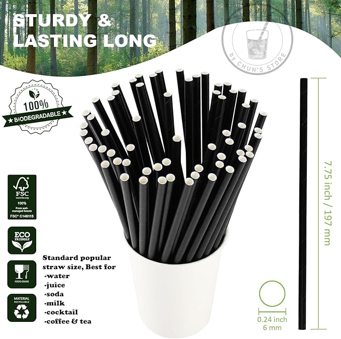 Black Paper Drinking Straws Bulk Individually Wrapped - 1000 Counts, 7.75" x0.24" - For Cocktail, Coffee, Bars and Restaurants