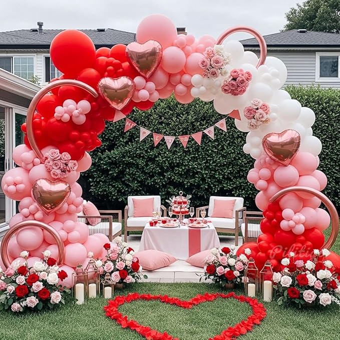 137 Pcs Valentines Day Balloon Arch Kit - Red Pink White Matte Latex & Rose Gold Heart Foil Balloons for Romantic Decorations, Galentines Party, Wedding Anniversary, Mother's Day, Proposal Backdrop