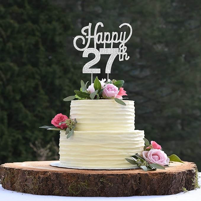 LINGTEER Happy 27th Birthday Silver Rhinestone Cake Topper - Cheers to 27th Birthday 27 Years Old Anniversary Party Cake Centerpieces Topper Decorations Gift Sign.