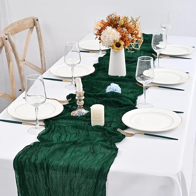 24 Pack Forest Green Cheesecloth Table Runner ,10FT Cheese Cloth Table Runner for Wedding Decor, 20x120inch Rustic Boho Gauze Table Runners for Christmas Wedding Party Bridal Shower