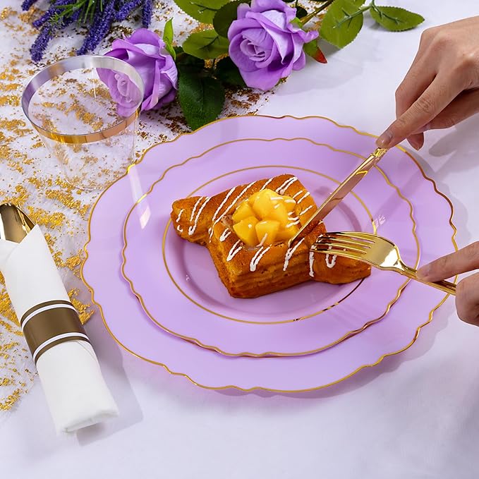 Liacere 350PCS Purple Plastic Plates - Disposable Lavender Plates 50guest Plastic Dinnerware include 100Light purple Plates,50Pack Pre Rolled Napkins Silverware 50Cups for Wedding & Mothers Day