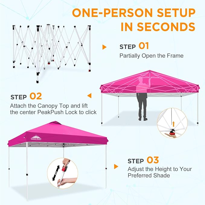 EAGLE PEAK Pop Up Canopy Tent with Wheeled Carry Bag, 8 Stakes, 4 Ropes, 4 Weight Bags, Easy Set Up Tent Canopy, 12x12 ft, 144sqft of Shade, Pink