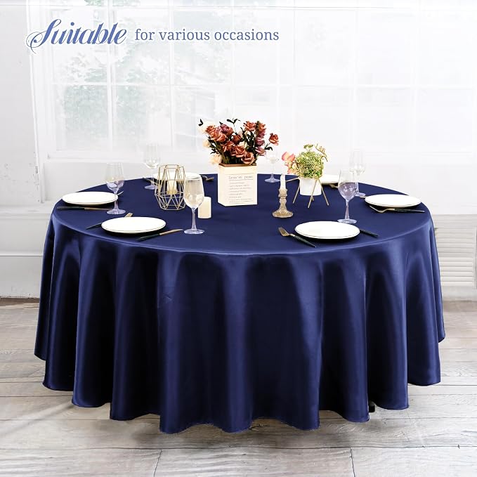 12 Pack 120 Inch Round Tablecloth, Navy Blue Satin Fabric Table Cloth for Round Tables, Wrinkle Resistant Washable TableCover Bright Silk Table Clothes for Wedding Party Dining Tables Banquet