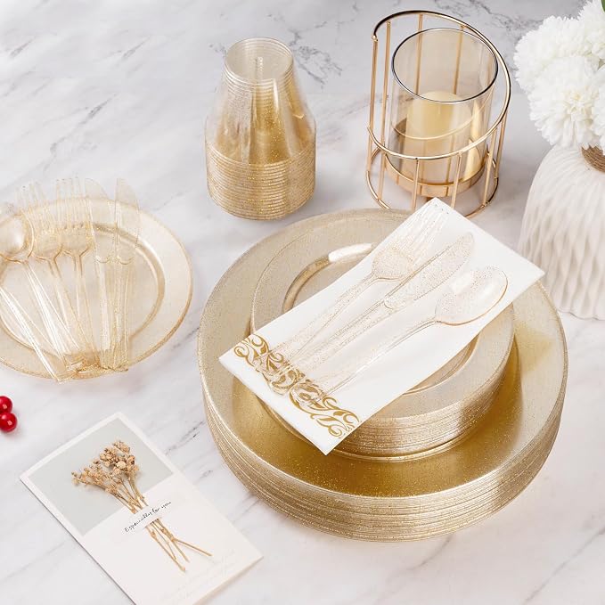 Goodluck 350 Pieces Dinnerware Set for 50 Guests, Plastic Plates Disposable for Party, Include: 100 Gold Glitter Plastic Plates, 50 Paper Napkins, 50 Cups, 50 Gold Glitter Plastic Silverware Set