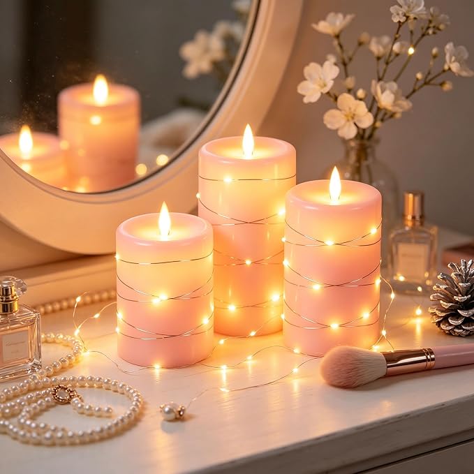 Da by 3 Pack Pink Real Wax Flameless Taper Candles, Lifelike Flickering LED Flame Candles with Surrounding Fairy String Lights, Soft Warm Battery Candles with Remote for Home Wedding Party Decor