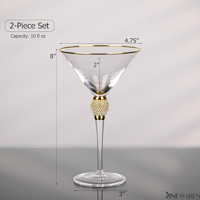 2 Piece Premium Clear Stem Crystal Martini Glasses with Gold Rim and Diamond-like Rhinestones, Elegant 10oz Glassware Set for Cosmopolitan, Vodka, Gin and Other Cocktails, Fancy Manhattan Drinkware
