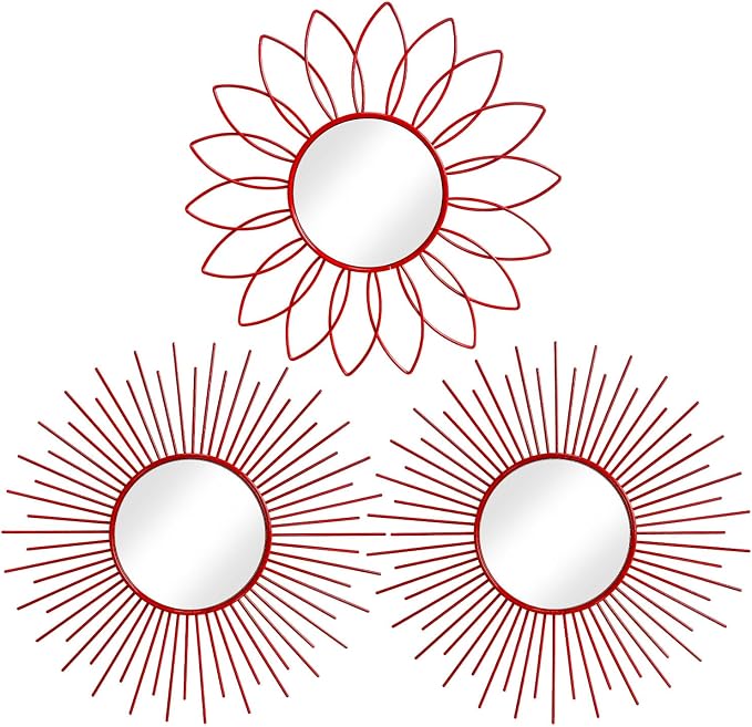 3 Pack Metal Mirrors for Wall Sunburst Wall Mirrors Home Décor Decorative Hanging Wall Art for Living Room Bedroom Entryway (Red, Flower+Sunburst)