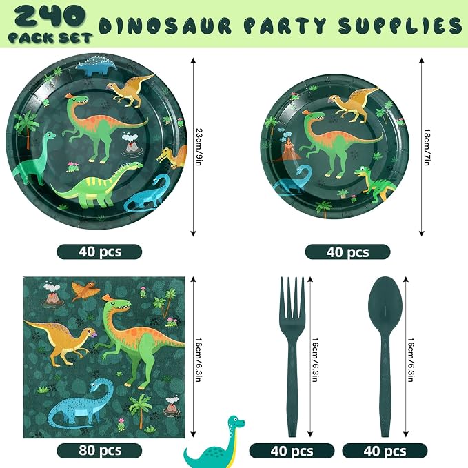 Yingzhao 240 Pcs Three Rex Birthday Decorations Boy Party Set, 3 Rex Birthday Decorations Boys, Serves 40 Guests, for Dinosaur Theme 3rd Party Supplies