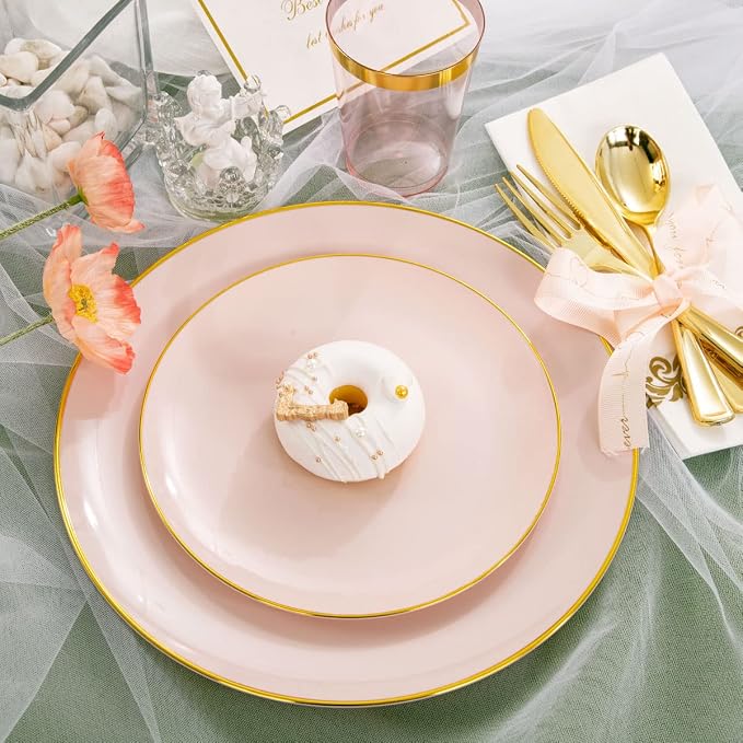 Rubtlamp 210Pcs Plastic Pink Plates with Gold Plastic Silverware Set Include 30Pink Dinner & 30 Dessert Plates, 90Gold Cutlery, 30Gold Cups, 30Napkins, Pink Dinnerware for Valentines&Mother's Day