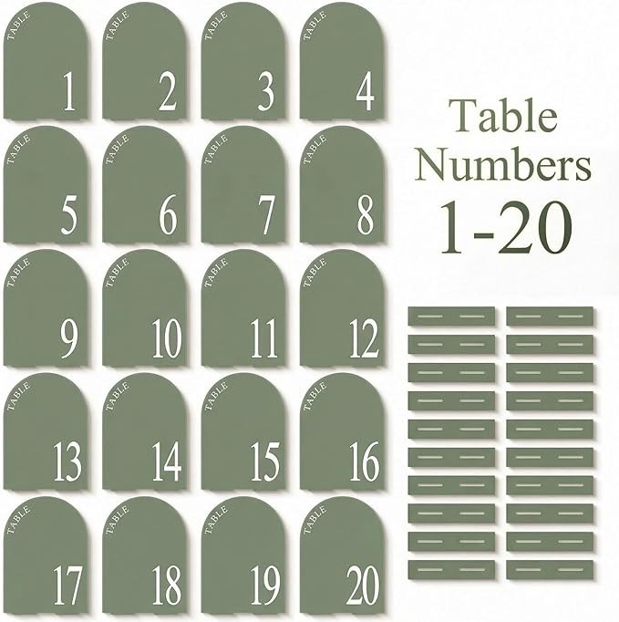 AceOrbit Sage Green Wedding Table Numbers 1-20 with Stands 5" x 7" Green Acrylic Wedding Signs with Holder Elegant Arch Numbered Signage Tabletop Reception Sign for Anniversary, Banquet, Event Decor