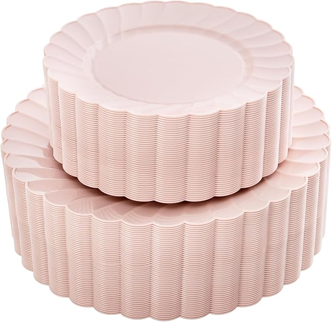 YOUBET 100PCS Pink Scalloped Plastic Plates - Heavy Duty Pink Disposable Fancy Hard Plates Include 50 Dinner Plate, 50 Dessert Plate, for Wedding & Party