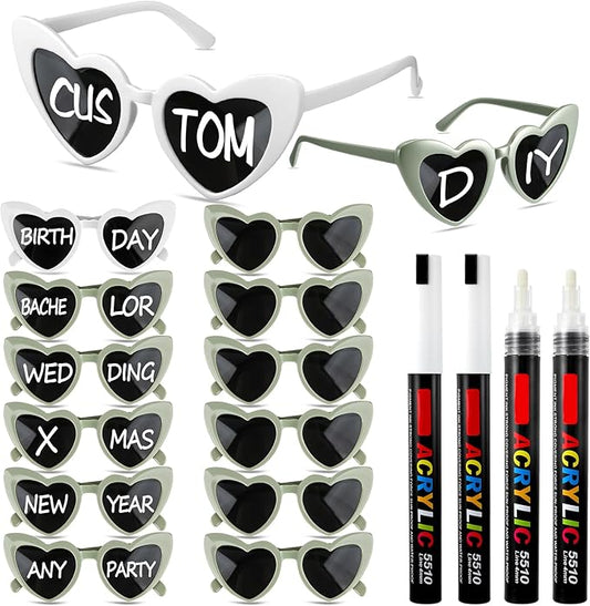 Flutesan Personalized Heart Sunglasses Bulk Custom Glasses with Paint Pens for DIY Wedding Party Favors