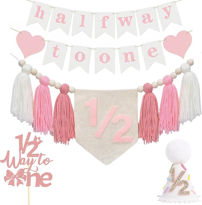 Baby First Birthday Party Decorations First Highchair Banner For Baby Boys Blue High Chair Banner Crown Cake Topper Baby Photo Banner 1st Birthday Photo Backdrop (1/2 Pink)